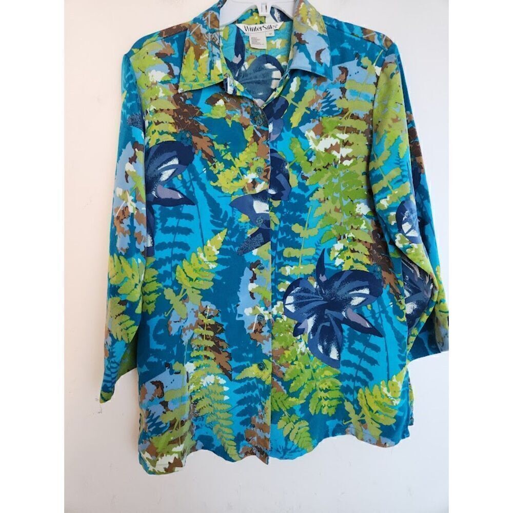 Winter Silk Teal Blue  & Green Floral Silk Spandex Button Up Blouse size Medium